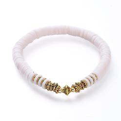 White Stretch Bracelets, with Polymer Clay Heishi Beads, Antique Golden Plated Alloy Spacer Beads and Brass Round Beads, White, 2-1/4 inch(5.7cm)