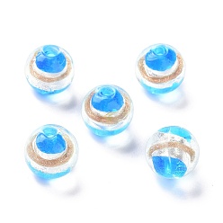 Deep Sky Blue Handmade Silver Foil Lampwork Beads, with Gold Sand, Round, Deep Sky Blue, 12x11mm, Hole: 1.8mm