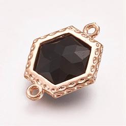 Black Faceted Glass Links connectors, with Brass Finding, Hexagon, Light Gold, Black, 18x14.5x5mm, Hole: 1mm