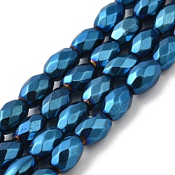 Plaqué Bleu Brins de perles d'hématite synthétiques magnétiques fortes galvanisées, plaqué longue durée, ovale à facettes, bleu plaqué, 7~8x5~5.5mm, Trou: 1.4mm, Environ 50 pcs/chapelet, 15.35'' (39 cm)