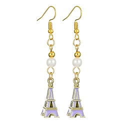 Ciruela Pendientes colgantes de aleación de esmalte de la Torre Eiffel con cuentas de perlas de imitación, Pendientes largos dorados con pasadores de hierro., ciruela, 64x9 mm