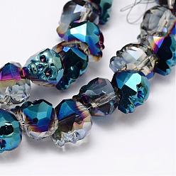 Blue Plated Faceted Skull Electroplate Glass Beads, Half Plated, Blue Plated, 14x13x14mm, Hole: 1mm