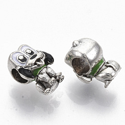 Green Alloy Enamel European Beads, Large Hole Beads, Dog, Antique Silver, Green, 13x10x8mm, Hole: 4.5mm