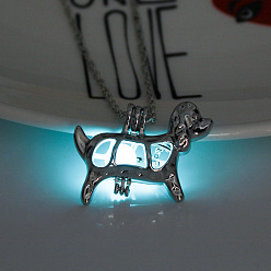 Cyan Collier pendentif cage pour chien en alliage avec pierre de luminaires synthétiques, bijoux phosphorescents pour femmes, cyan, 17.72 pouce (45 cm)