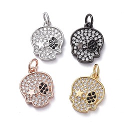 Mixed Color Brass Micro Pave Cubic Zirconia Pendants, Long-Lasting Plated, Skull, Clear, Mixed Color, 15.1x12x2.3mm, Hole: 3mm