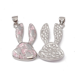 Pink Natural Shell Pendants, Rabbit Charms with Heart, Dyed, with Rack Plating Platinum Tone Brass Findings, Long-Lasting Plated, Pink, 26x16.5x4mm, Hole: 4.5x3.5mm
