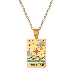 Golden Titanium Steel Enamel Tarot Rectangle Pendant Necklaces, Stainless Steel Cable Chain Necklace for Women Men, THE STAR, Golden, 17.72 inch(45cm)