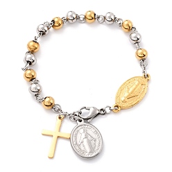 Golden & Stainless Steel Color 304 Stainless Steel Charm Bracelets, with Round Beads, Cross & Oval with Saint, Golden & Stainless Steel Color, 8-3/8 inch(21.3cm)