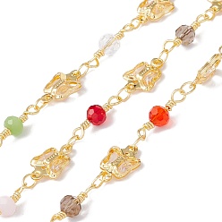 Colorful Handmade Eco-friendly Brass Butterfly Link Chain, with Glass Beaded, Real 18K Gold Plated, Lead Free & Cadmium Free, Soldered, with Spool, Colorful, 11x7x2mm, 13x4m