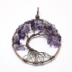 Amethyst Natural Amethyst Chip Big Pendants, with Brass Wires, Tree, Red Copper, 62~65x48~53x5~10mm, Hole: 4mm