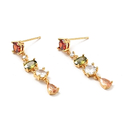 Real 18K Gold Plated Colorful Cubic Zirconia Chain Dangle Stud Earrings, Brass Jewelry for Women, Cadmium Free & Nickel Free & Lead Free, Real 18K Gold Plated, 35mm, Pin: 0.7mm