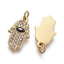 Crystal 316 Surgical Stainless Steel Charms, with Rhinestone and Jump Rings, Hamsa Hand/Hand of Fatima/Hand of Miriam, Golden, Crystal, 14x8x1.5mm, Hole: 2.5mm