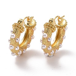 Golden Plastic Pearl Beaded Hoop Earrings, Brass Chunky Hoop Earrings for Women, Cadmium Free & Lead Free, Golden, 22x24x5.5mm, Pin: 0.9mm