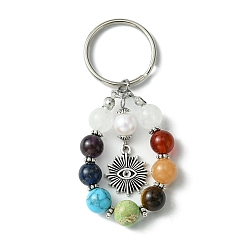 Eye 7 Porte-clés pendentif en perles de pierres précieuses chakra avec breloque en alliage de style tibétain, pour l'ornement de sac de clé de voiture, oeil, 7.7 cm