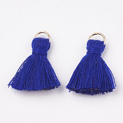 Blue Polycotton(Polyester Cotton) Tassel Pendant Decorations, with Iron Findings, Light Gold, Blue, 20~30x7~8mm, Hole: 5mm