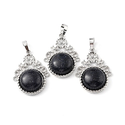 Blue Goldstone Synthetic Blue Goldstone Pendants, with Rack Plating Brass Findings, Cadmium Free & Lead Free, Flat Round & Flower, 34~34.5x25.5~26x8.5~9mm, Hole: 8x5.5mm