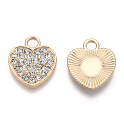 Light Gold Alloy Rhinestone Pendants, Heart, Crystal, Light Gold, 17x15x3mm, Hole: 3mm
