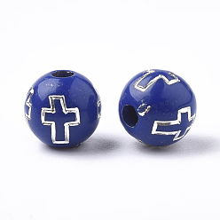 Bleu Perles acryliques plaquées, métal argenté enlaça, ronde avec la croix, bleu, 8mm, trou: 2 mm, environ 1800 pcs / 500 g