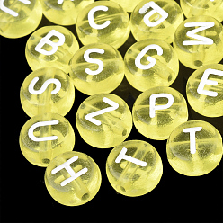 Amarillo Abalorios de acrílico transparentes, agujero horizontal, letras mixtas, plano y redondo, amarillo, 7x4 mm, agujero: 1.5 mm, Sobre 3700 unidades / 500 g