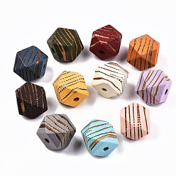 Mixed Color Painted Natural Wood Beads, Laser Engraved Pattern, Faceted, Polygon with Zebra-Stripe, Mixed Color, 16x15.5~16.5x15.5~16.5mm, Hole: 3mm