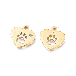 Golden Ion Plating(IP) 304 Stainless Steel Charms, Manual Polishing, with Crystal Rhinestone, Heart with Dog Paw Printed, Golden, 12x12x1.2mm, Hole: 1.8mm