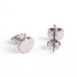 Stainless Steel Color Apple 304 Stainless Steel Ear Studs, Hypoallergenic Earrings, Stainless Steel Color, 8x6.5mm, Pin: 0.7mm