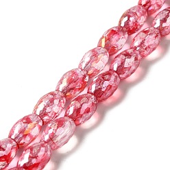 Cerise Electroplate Transparent Glass Beads Strand, AB Color Plated, Faceted, Oval, Cerise, 11.5~12x8mm, Hole: 1.2mm, about 45~48pcs/strand, 20.87~22.20 inch(53~56.4cm)