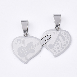 Stainless Steel Color 201 Stainless Steel Split Pendants, for Lovers, Heart with Guitar & Musical Note & Word Love You, For Valentine's Day, Stainless Steel Color, 19x36x1mm, Hole: 8x4mm