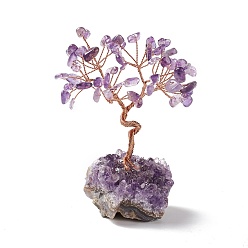 Amethyst Natural Amethyst Tree Display Decoration, Druzy Amethyst Base Feng Shui Ornament for Wealth, Luck, Rose Gold Brass Wires Wrapped, 45~52x69~75x93~107mm