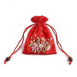 Red Flower Pattern Satin Jewelry Packing Pouches, Drawstring Gift Bags, Rectangle, Red, 14x10.5cm