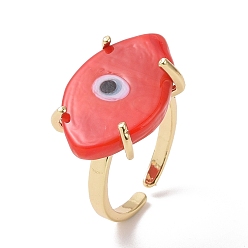 Red Lampwork Oval with Evil Eye Open Cuff Ring, Real 18K Gold Plated Brass Lucky Jewelry for Women, Lead Free & Cadmium Free, Red, US Size 6 1/4(16.7mm)