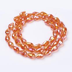 Orange Red Electroplate Glass Beads Strands, AB Color Plated, Faceted Teardrop, Red, 7x5mm, about 65~67pcs/strand, 18~18.5 inch(45.5~46.9cm)