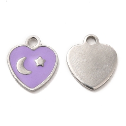 Stainless Steel Color 304 Stainless Steel Enamel Pendants, Heart with Moon & Star Charm, Stainless Steel Color, 11x10x1mm, Hole: 1.6mm