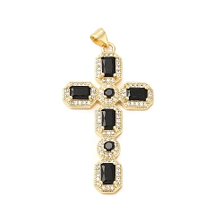 Black Rack Plating Brass Pendants, with Glass Cubic Zirconia, Religion Cross Charm, Cadmium Free & Lead Free, Long-Lasting Plated, Real 18K Gold Plated, Black, 46x26x4mm, Hole: 5X3mm