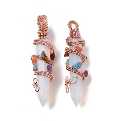 Opalite Opalite Pointed Big Pendants, with Rose Gold Plated Rack Plating Brass Findings and Mixed Stone Chip Beads, Cadmium Free & Lead Free, Faceted, Bullet Charm, 64~68x16~17x16~17mm, Hole: 7.5mm