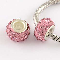 Rose Clair Perles de grand trou européennes en argile polymère strass avec noyaux en laiton plaqué couleur argent, rondelle, rose clair, 11~12x7~7.5mm, Trou: 5mm