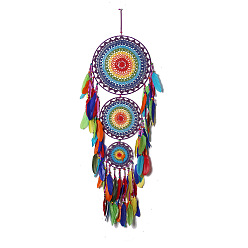 Colorful Indian Style Iron Woven Web/Net with Feather Pendant Decorations, Cotton Cord Hanging Home Wall Decorations, Colorful, 1100x350mm