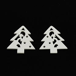 White Dyed Christmas Tree Wood Cabochons, White, 34x29x2mm
