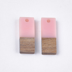 Pink Resin & Walnut Wood Pendants, Rectangle, Pink, 22.5~23x8.5~9x3.5mm, Hole: 2mm