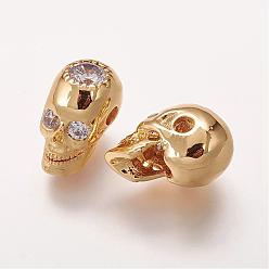 Golden Brass Micro Pave Cubic Zirconia Beads, Skull, Golden, 14x8x9.5mm, Hole: 2mm