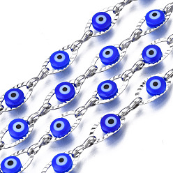 Blue 304 Stainless Steel Textured Oval Cable Chains, with Enamel Evil Eye Beads, with Spool, Unwelded, Stainless Steel Color, Blue, 11x5.5x3mm, 7.5x3x1mm, about 32.81 Feet(10m)/Roll