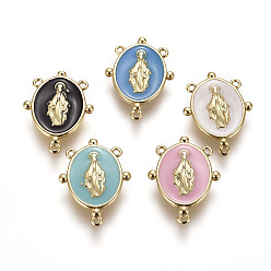 Mixed Color Golden Plated Brass Chandelier Component Links, with Enamel, Oval with Virgin Mary, Mixed Color, 17.5x13x2mm, Hole: 0.8mm