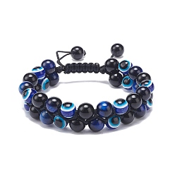 Blue Tiger Eye Natural Blue Tiger Eye(Dyed & Heated) & Eyeless Obsidian & Resin Evil Eye Braided Bead Bracelet, Double Layer Gemstone Lucky Bracelet for Men Women, Inner Diameter: 2-1/4~3 inch(5.6~7.5cm)