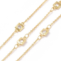Real 18K Gold Plated Clear Cubic Zirconia Square Link Chains, with Brass Findings, Unwelded, with Spool, Cadmium Free & Nickel Free & Lead Free, Real 18K Gold Plated, 9x5x1.5mm