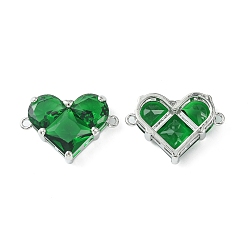 Green Brass Pave Cubic Zirconia Connector Charms, Heart Links, Real Platinum Plated, Green, 18.5x26x7.5mm, Hole: 1.6mm