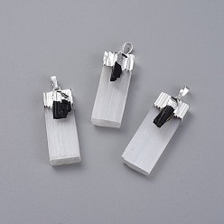 Серебро Большие кальцитовые подвески, с натуральным черным турмалином и фурнитурой из латуни, прямоугольные, серебряные, 50~75x15~20x8~11 мм, отверстие : 7.5x5 мм