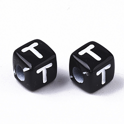 Letter T Perles acryliques opaques, trou horizontal, style alphabet, cube, noir et blanc, letter.t, 5x5x5mm, Trou: 2mm, environ5000 pcs / 500 g