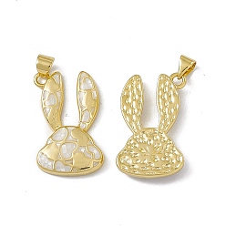 White Natural Shell Pendants, Rabbit Charms with Heart, Dyed, with Rack Plating Golden Tone Brass Findings, Long-Lasting Plated, White, 26x16.5x4mm, Hole: 4.5x3.5mm