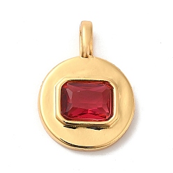 Red Brass with Cubic Zirconia Pendants, Real 16K Gold Plated, Flat Round Charm, Red, 20.5x15x4mm, Hole: 4x2.5mm