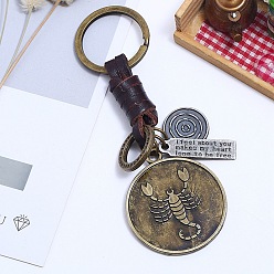 Scorpio Punk Style Woven Flat Round with 12 Constellation Leather Keychain, for Car Key Pendant, Scorpio, 11cm